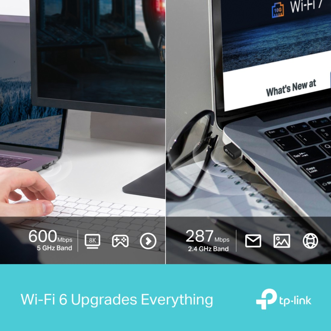 Das Bild zeigt Laptops, einen Monitor, eine Brille und Text, der Wi-Fi-Geschwindigkeiten und -Funktionen hervorhebt, Wi-Fi 6-Upgrades bewirbt.