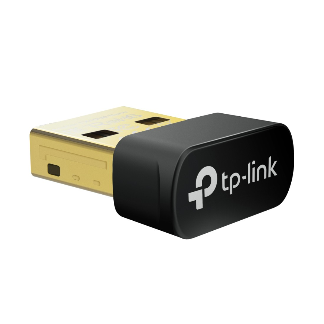 Ein USB-WLAN-Adapter von tp-link. Es ist ein schwarz-goldenes Gerät mit dem tp-link-Logo. Es befindet sich auf weißem Hintergrund.