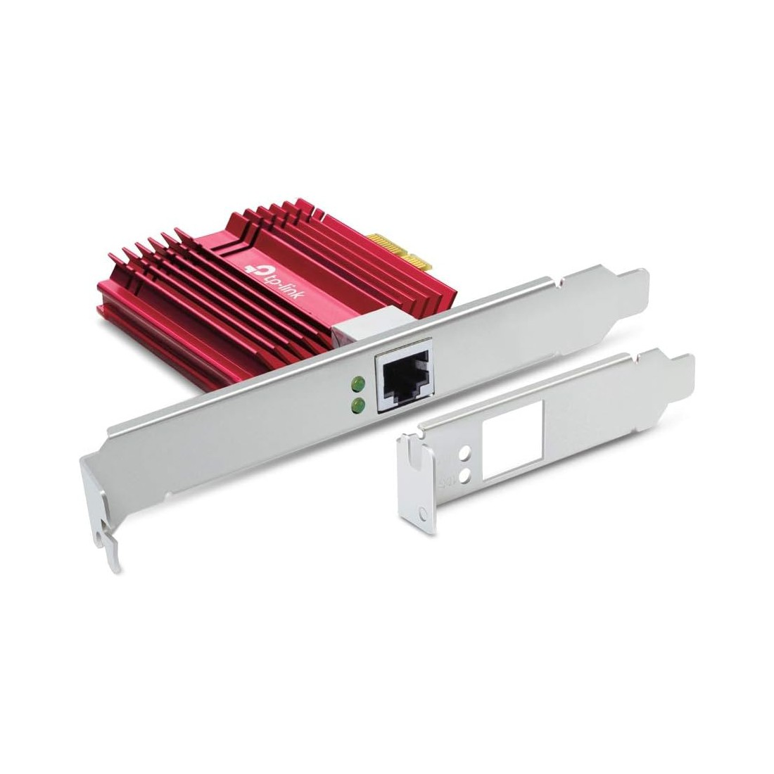 Eine TP-Link-Netzwerkkarte mit rotem Kühlkörper, silberner Halterung und separater Halterung. Enthält einen Ethernet-Anschluss und Kontrollleuchten.