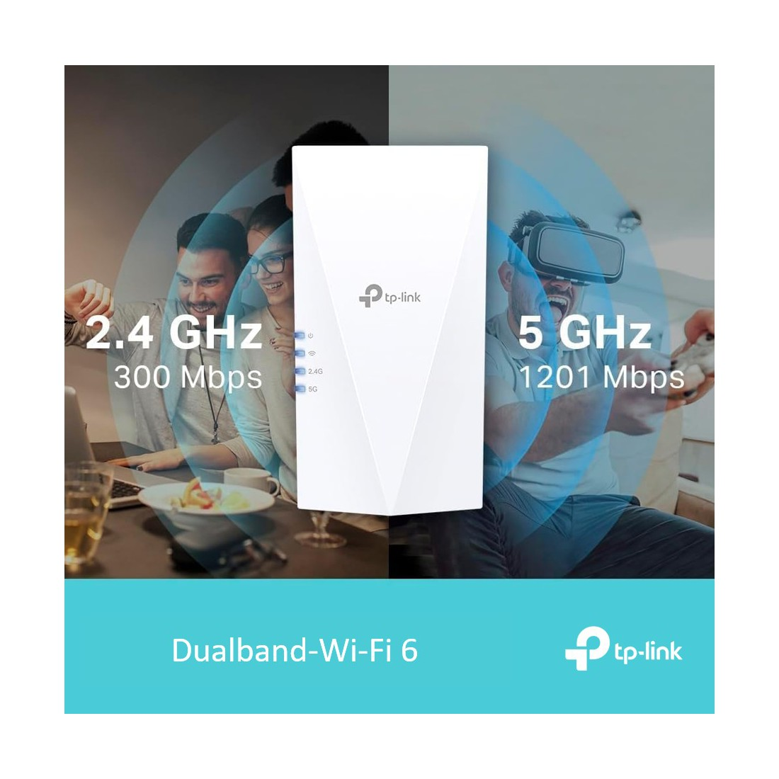 Ein TP-Link Dualband-Wi-Fi 6-Router ist zentriert. Personen nutzen Geräte, mit den Spezifikationen des Routers: 2,4 GHz, 5 GHz und Geschwindigkeiten.