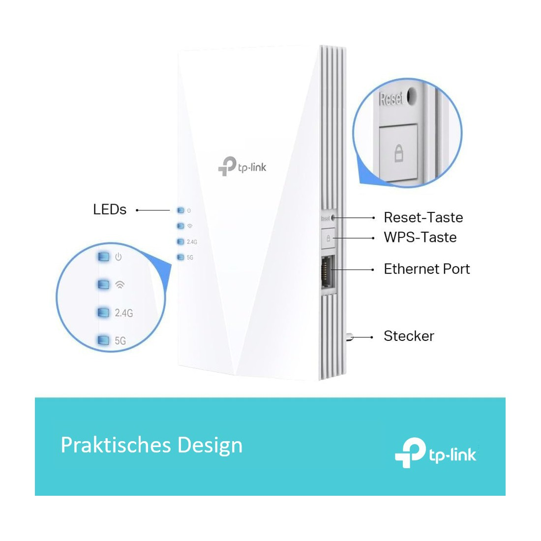 Weißer TP-Link WLAN-Extender mit LEDs, Reset-Taste, Ethernet-Anschluss und Stecker. Textbeschriftungen auf Deutsch.