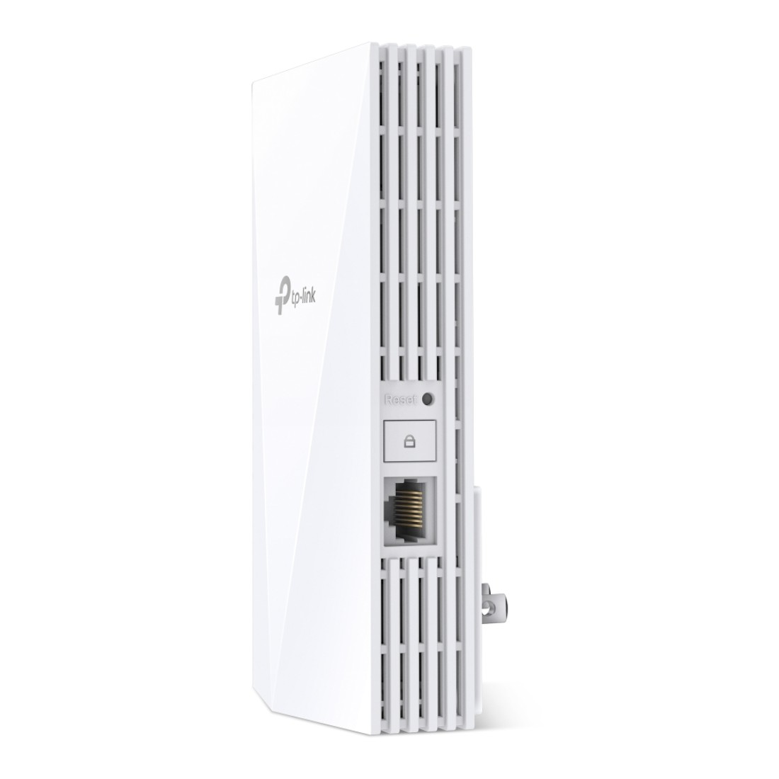 Ein weißer TP-Link-Repeater, Seitenansicht. Merkmale sind das TP-Link-Logo, die Reset-Taste, der Ethernet-Anschluss und Lüftungsschlitze.
