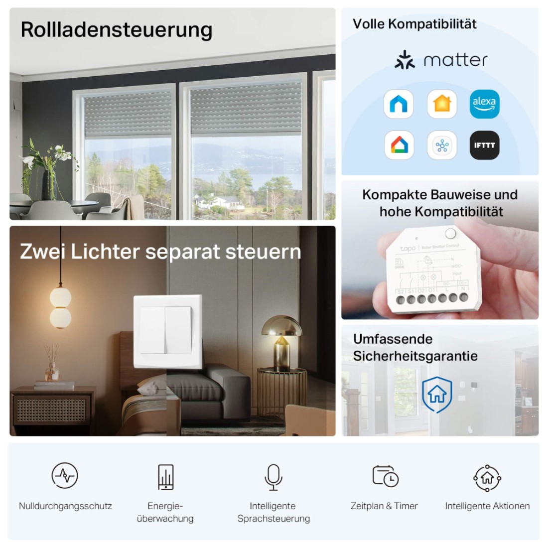 Das Bild zeigt Smart-Home-Funktionen: Rollladensteuerung, separate Lichtsteuerung, Kompatibilitätslogos und Sicherheitsfunktionen.