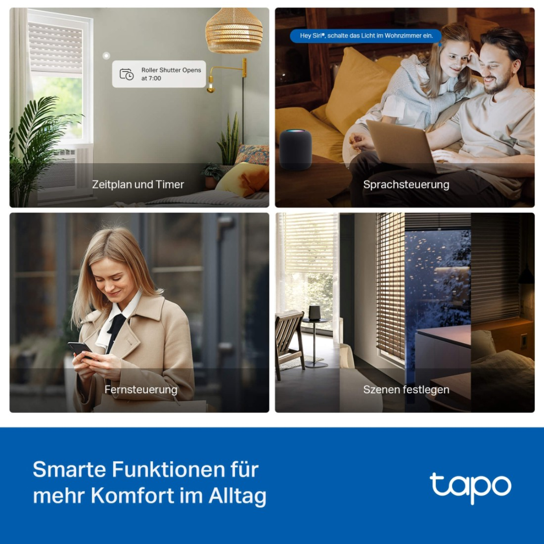 Bild zeigt Smart-Home-Funktionen. Beinhaltet Fernbedienung, Sprachsteuerung, geplante Jalousien und Szeneneinstellung, alles unter der Marke Tapo.