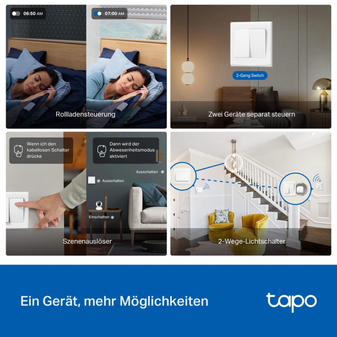 Werbebild mit Smart-Home-Geräten. Szenen zeigen eine schlafende Frau, Lichtschalter und eine Treppe mit Lichtern.