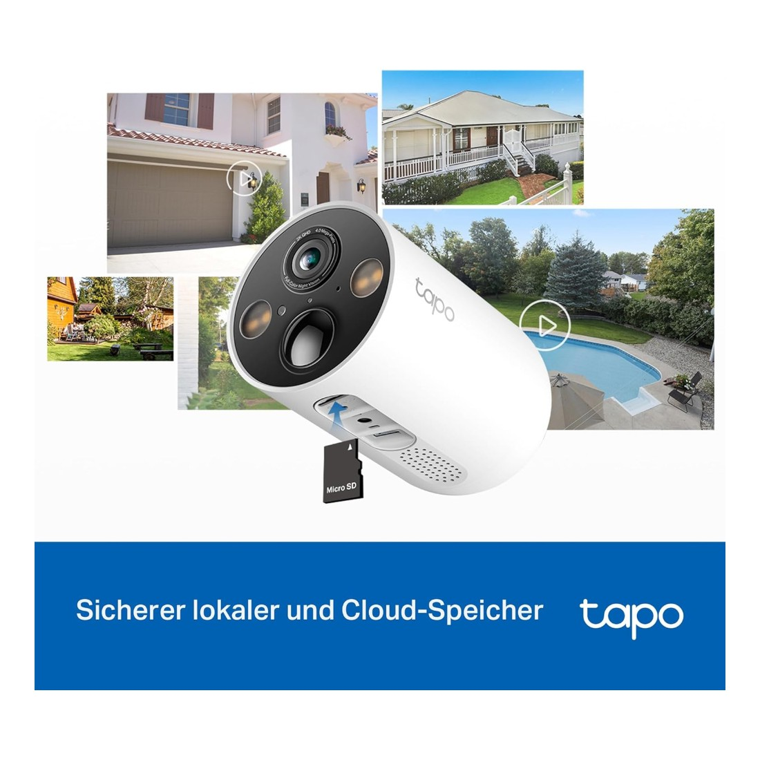 Weiße Tapo-Kamera mit mehreren Hausansichten, einem Poolblick und einer eingesetzten Micro-SD-Karte. Text: 'Sicherer lokaler und Cloud-Speicher'.