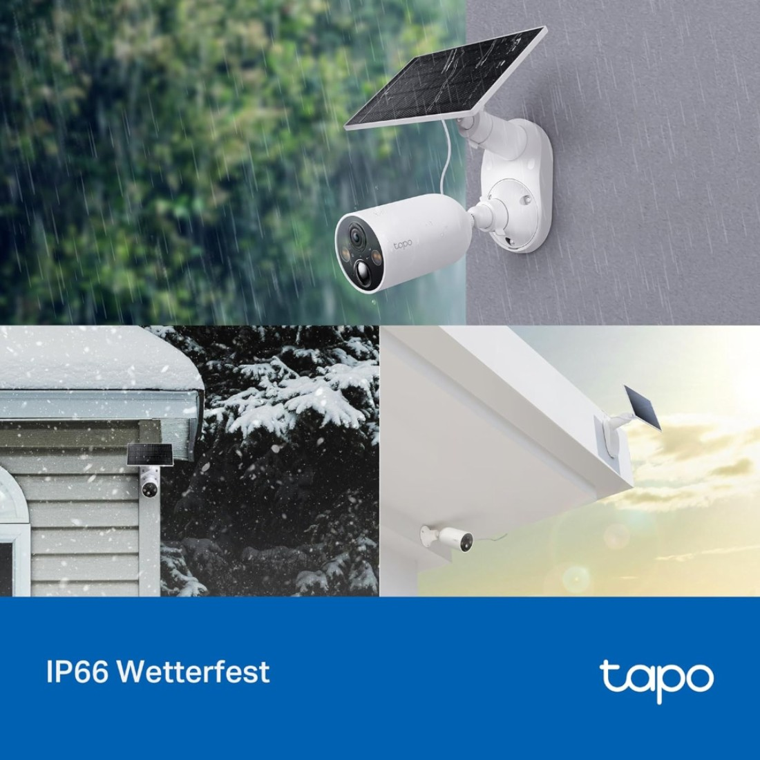 Eine weiße Überwachungskamera mit Solarpanel, gezeigt bei Regen und Schnee. Die Marke 'tapo' unten rechts.