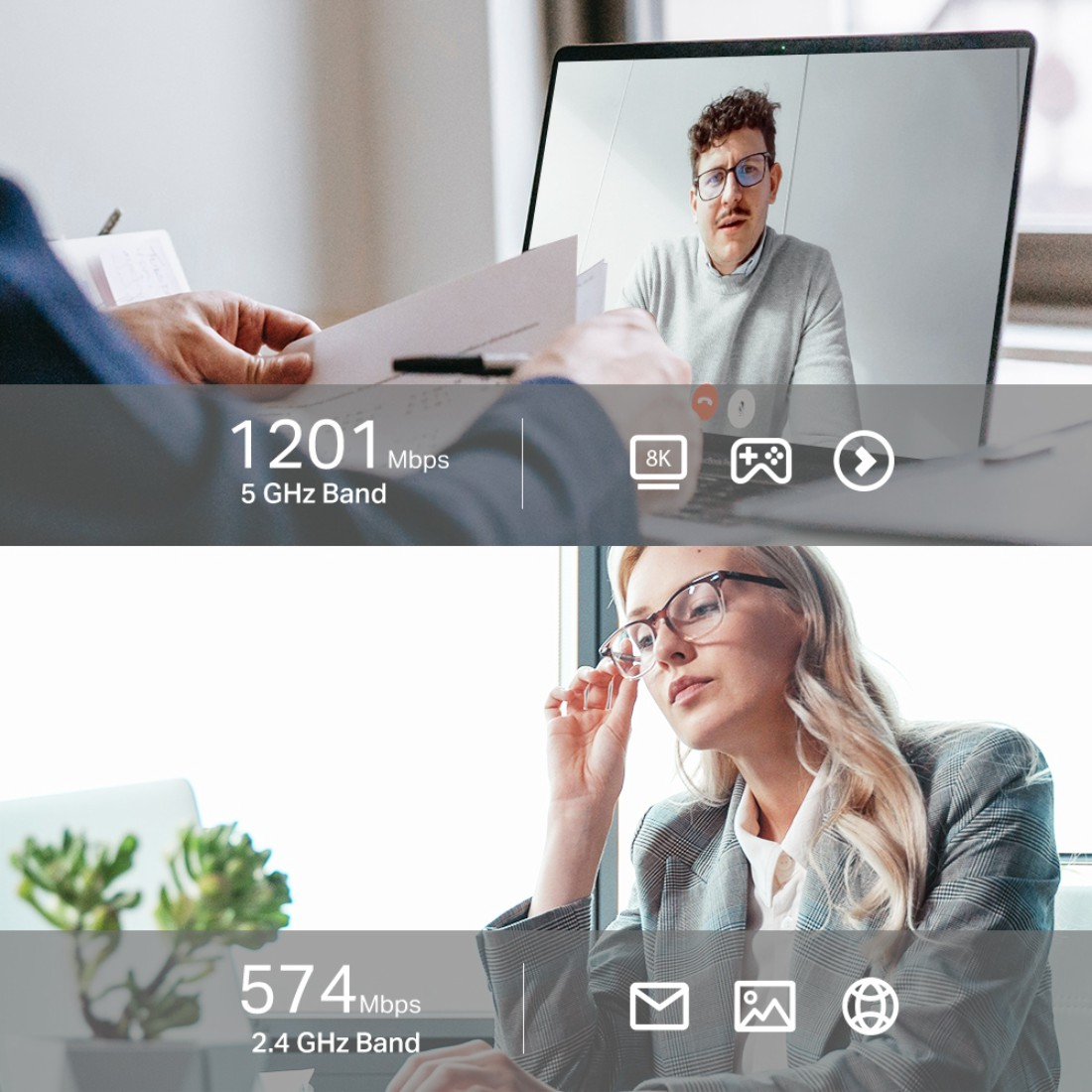 Ein Laptop-Bildschirm zeigt einen Videoanruf. Ein Mann und eine Frau schauen auf den Bildschirm. Das Bild zeigt Netzwerkgeschwindigkeitsinformationen.