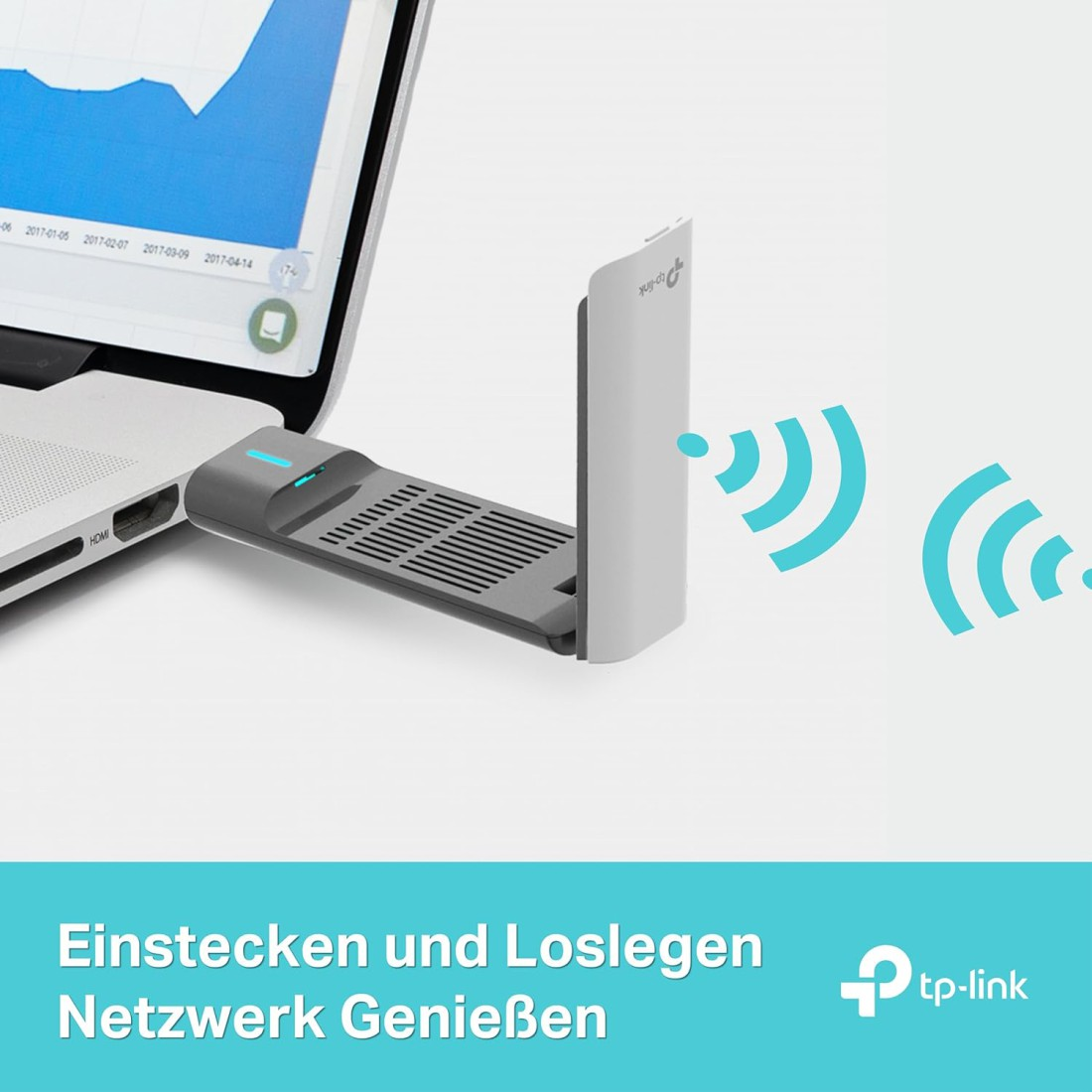 Ein Laptop mit angeschlossenem Netzwerkadapter. WLAN-Signal-Symbole sind vorhanden. Der untere Teil zeigt Text und ein Logo.