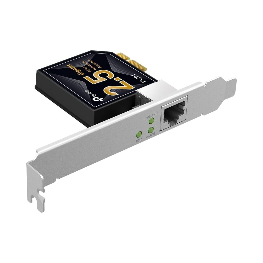 Ein Netzwerkadapter mit schwarzem und goldenem Oberteil, silberner Halterung und Ethernet-Anschluss. Text: 'Gigabit', '2.5' und 'TP-Link'.