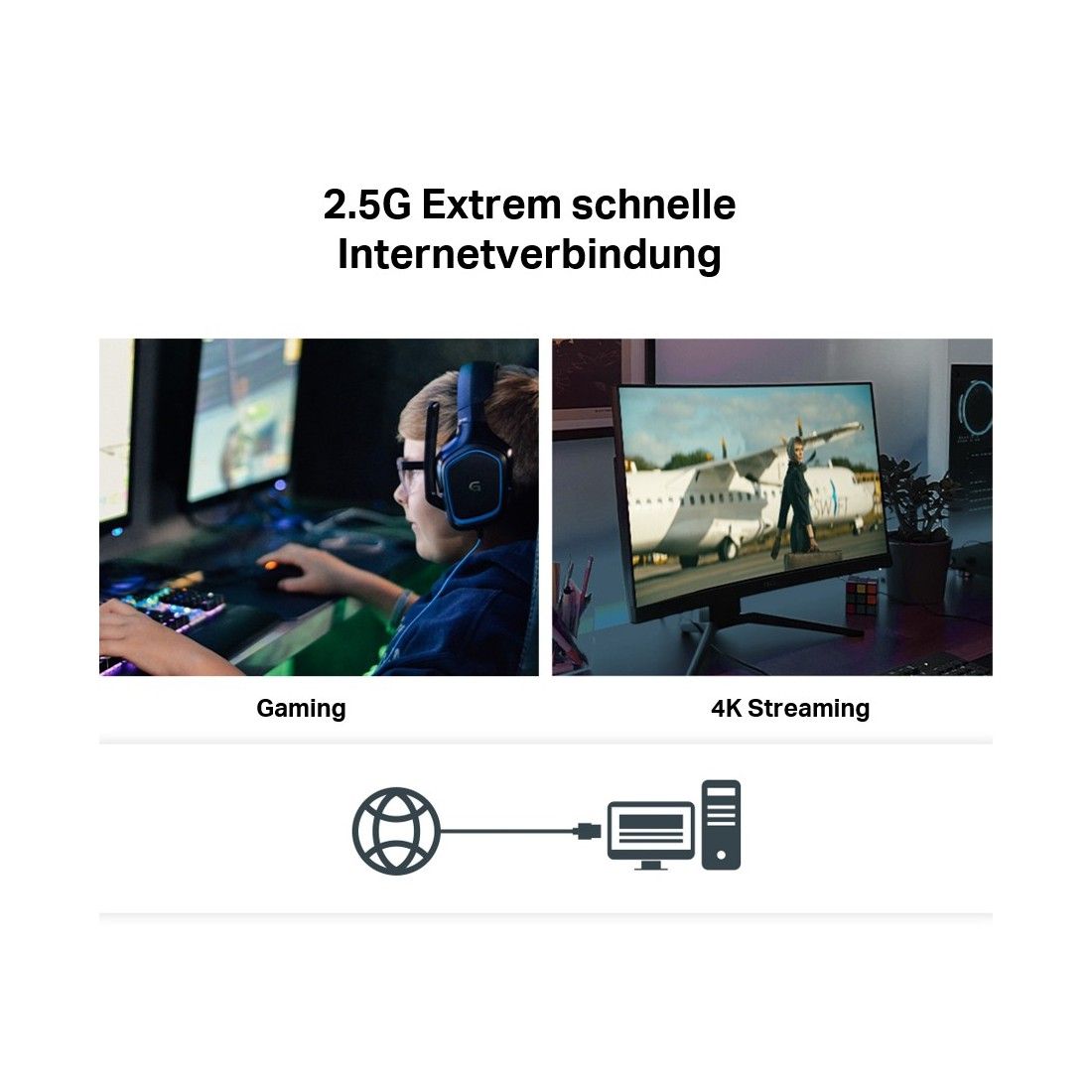 Das Bild zeigt Gaming und Streaming. Ein Globus verbindet sich mit einem Computer und Server, der Text lautet '2.5G Extrem schnelle Internetverbindung'.