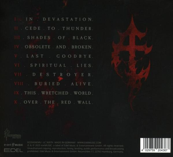 Rückseite des Albums mit einem dunkelroten kreuzartigen Emblem und einer Liste von Titeln in weißer Schrift.