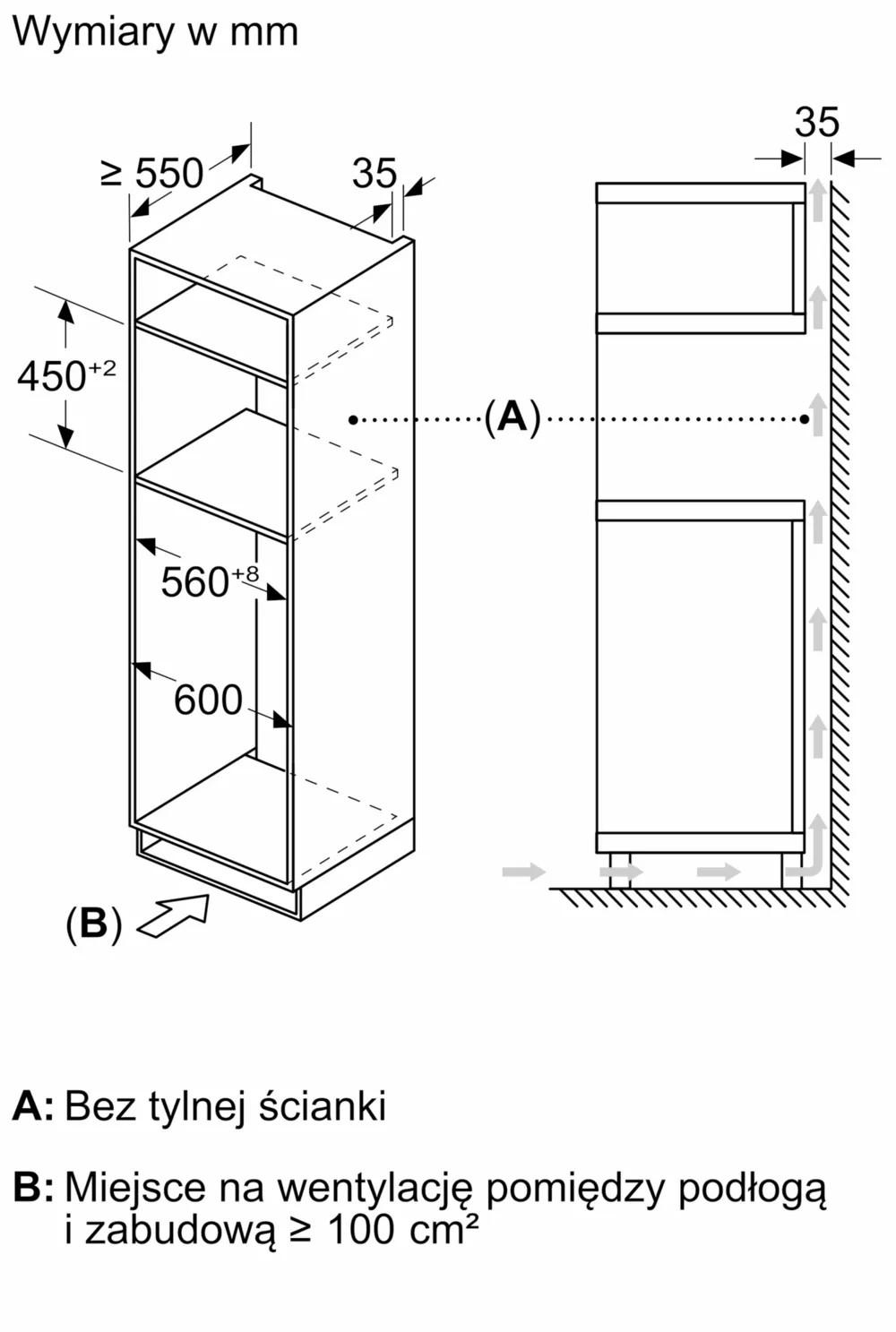 Rysunek techniczny szafki z wymiarami. Szafka ma półki i stoi przy ścianie. Strzałki wskazują wentylację.