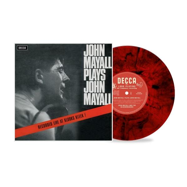 Album borító: John Mayall Plays John Mayall. Egy férfi profilja balra. Egy piros bakelit lemez jobbra.