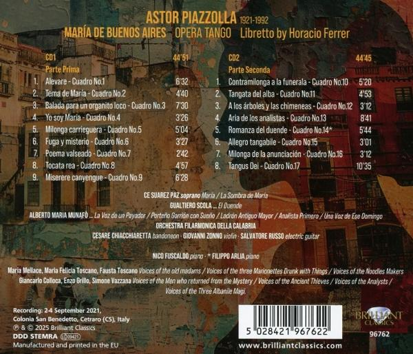 CD-Cover für Astor Piazzollas Operntango 'María de Buenos Aires'. Der Text listet Titel und Interpreten auf. Ein Logo befindet sich unten rechts.