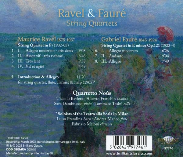 CD-Cover mit Text über Ravel & Fauré Streichquartette und einem Hintergrund im Stil von Monet.