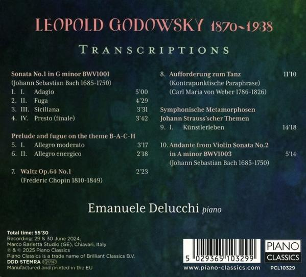 CD-Cover mit Musikkompositionen von Godowsky, gespielt von Delucchi. Enthält eine Liste der Stücke, Dauern und Piano Classics-Logo.