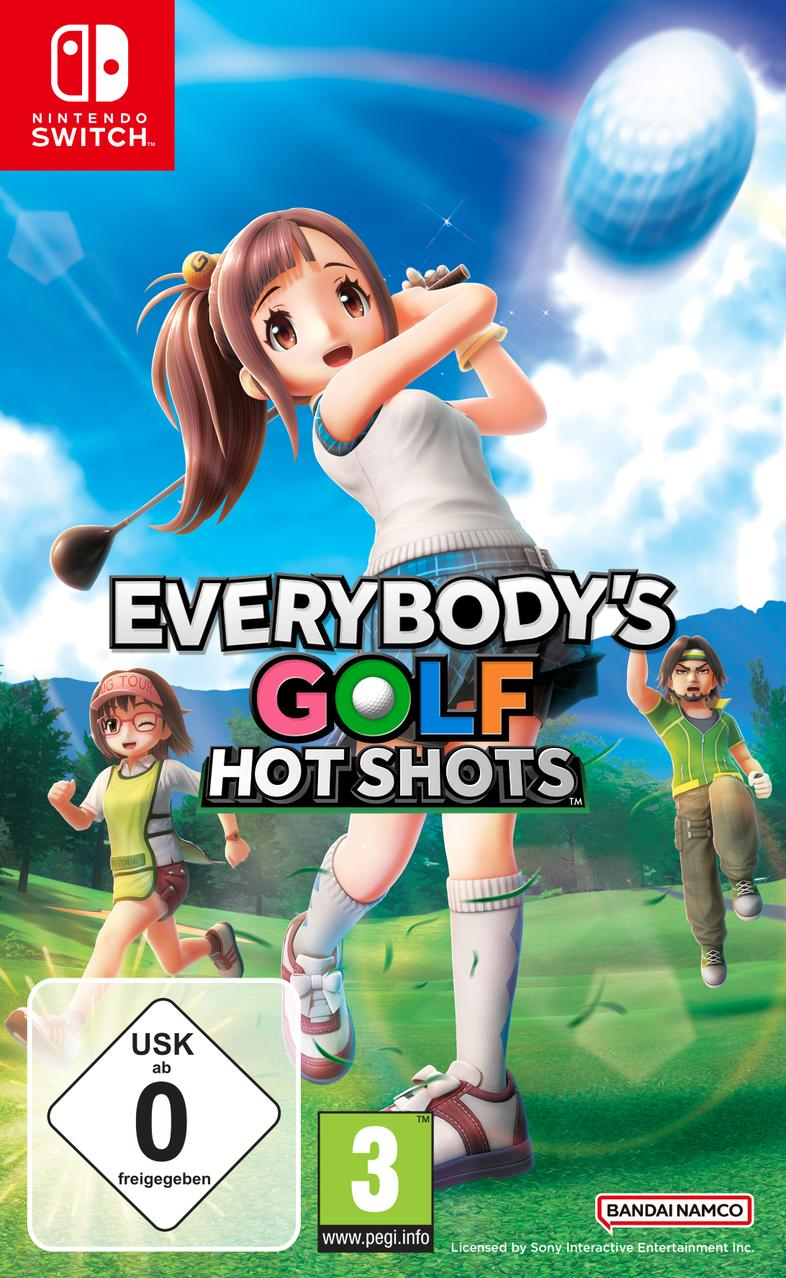 Spielcover. Ein Mädchen schwingt einen Golfschläger, andere Charaktere laufen. Titel: Everybody's Golf Hot Shots.