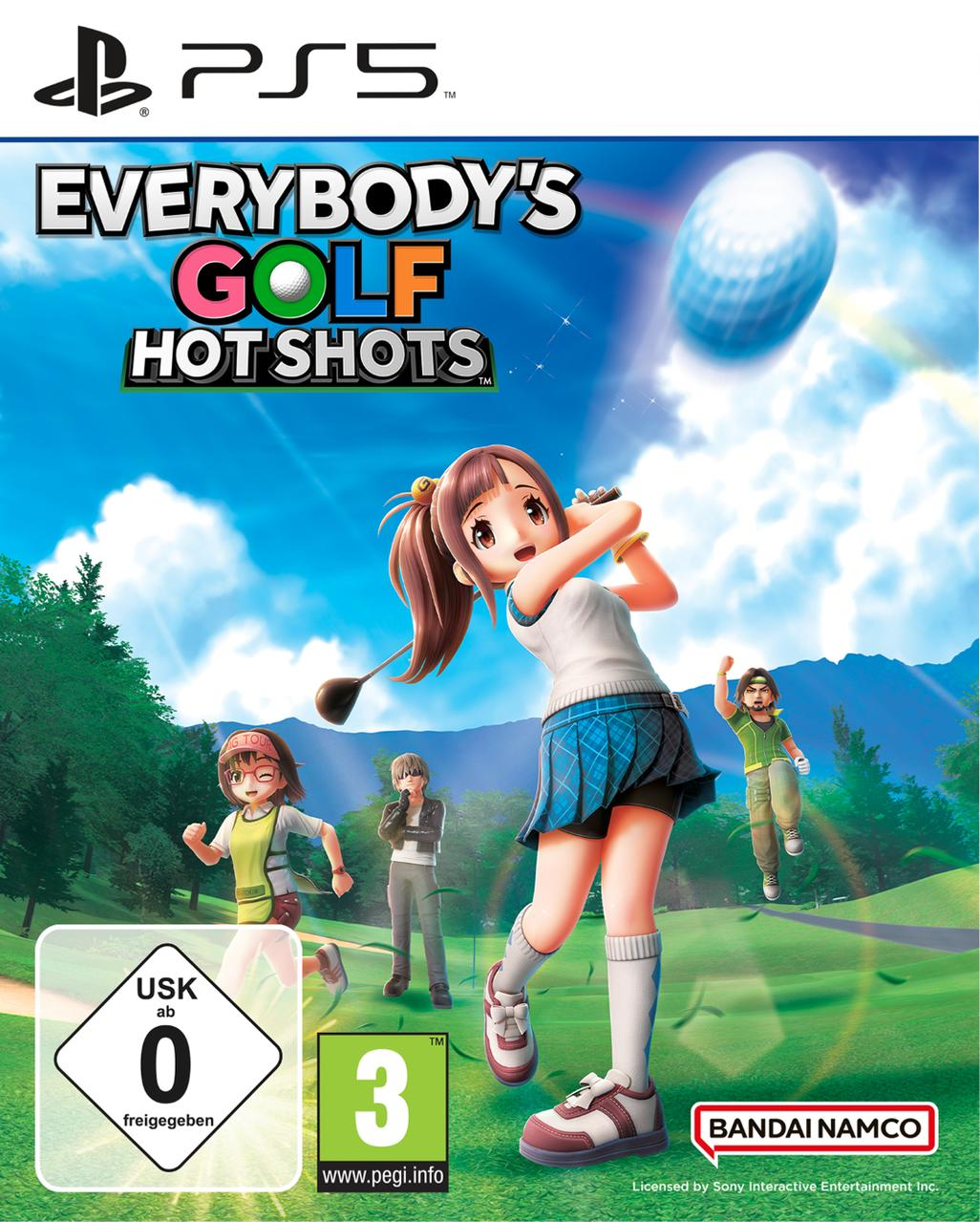 Spielcover: Mädchen schwingt Golfschläger, Charaktere im Hintergrund, Titel 'Everybody's Golf Hot Shots', PS5-Logo und Bewertungssymbole.