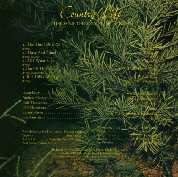 Albumcover von 'Country Life' von Roxy Music. Grüner Hintergrund mit Songtiteln und Credits in Weiß und Gold.