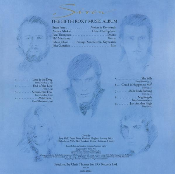 Albumcover mit sechs skizzierten Gesichtern. Text listet Bandmitglieder und Songtitel auf. Blauer Hintergrund mit weißem Text.