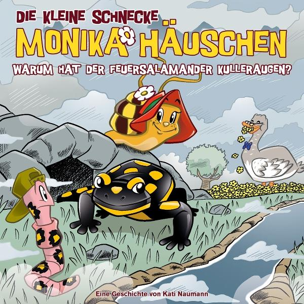 Ein Buchcover mit einer Schnecke, einem Salamander, einem Wurm und einer Gans. Der Titel lautet: 'Die kleine Schnecke Monika's Häuschen'.