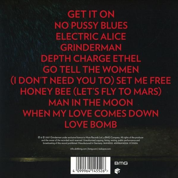 Albumcover mit rotem Text auf Schwarz. Titel wie 'Get It On', 'No Pussy Blues' und 'Love Bomb'. BMG-Logo und Barcode sichtbar.