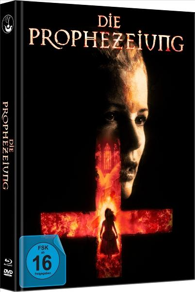 Filmcover: Frauengesicht, rotes Kreuz mit Kirche, Mädchen in der Mitte. Titel: Die Prophezeiung. Altersfreigabe: 16.