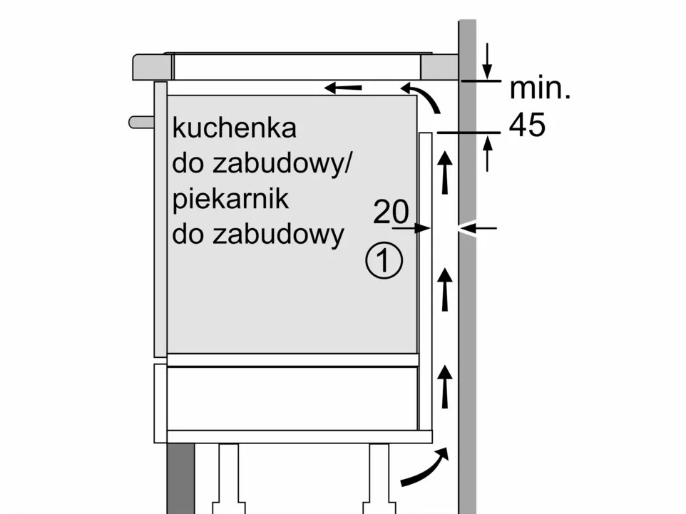Schemat przedstawia wbudowane urządzenia kuchenne, w tym piekarnik i płytę grzejną, z wymiarami i instrukcjami.