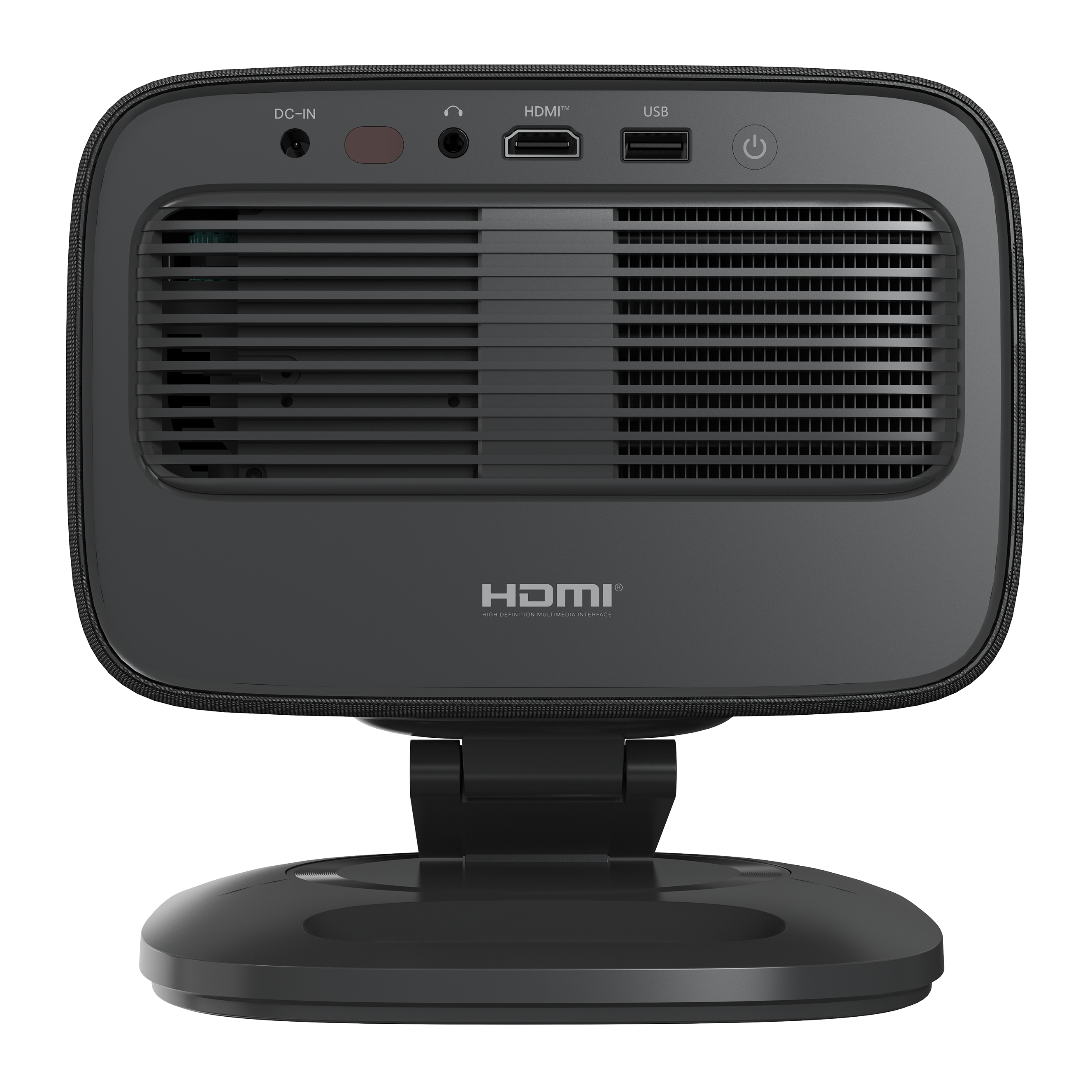 Czarny projektor z wieloma portami, przyciskiem zasilania i otworami wentylacyjnymi na stojaku.