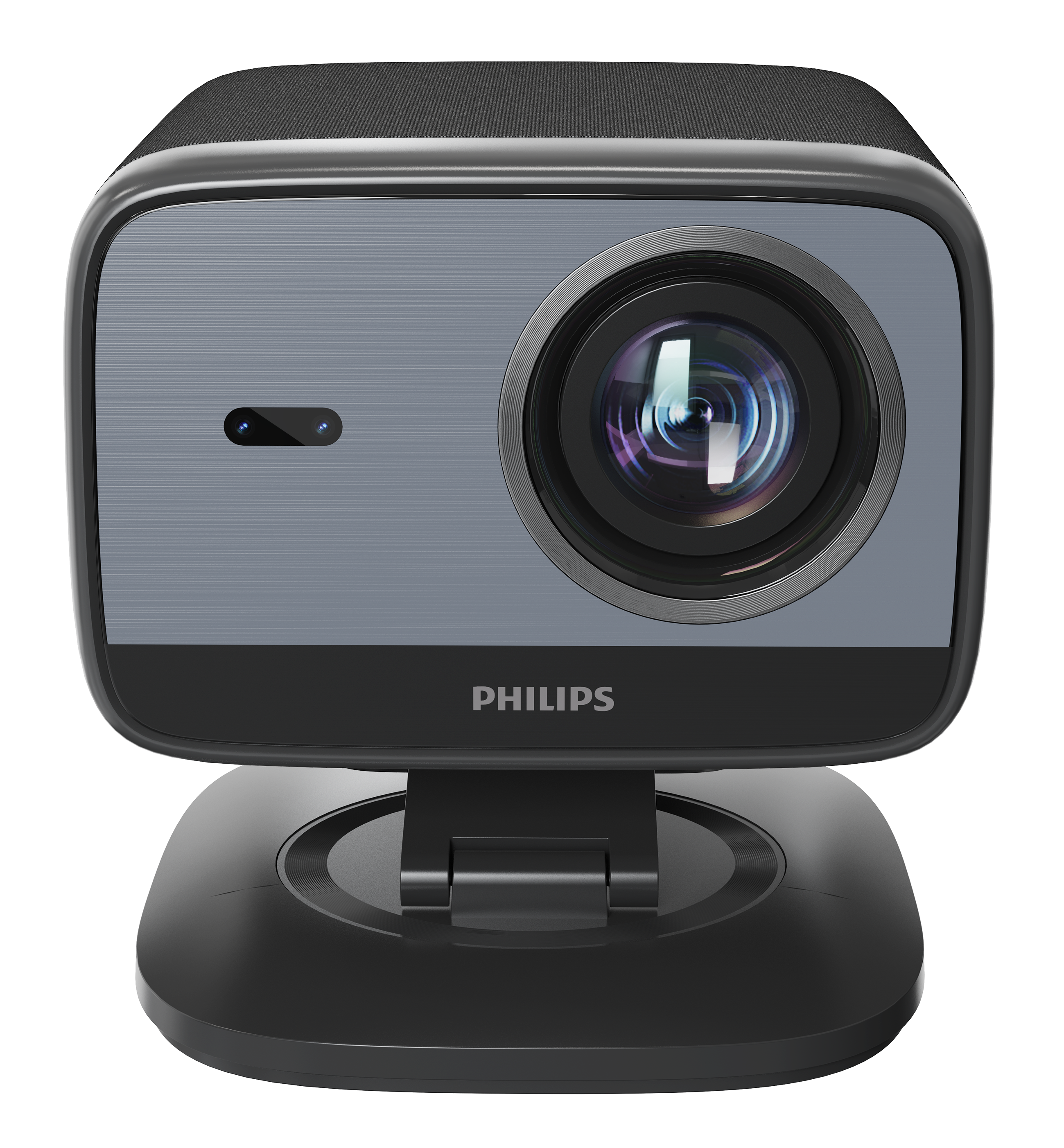 Kamera internetowa Philips z szarą obudową i czarną podstawą. Obiektyw jest wyśrodkowany. Logo Philips poniżej.
