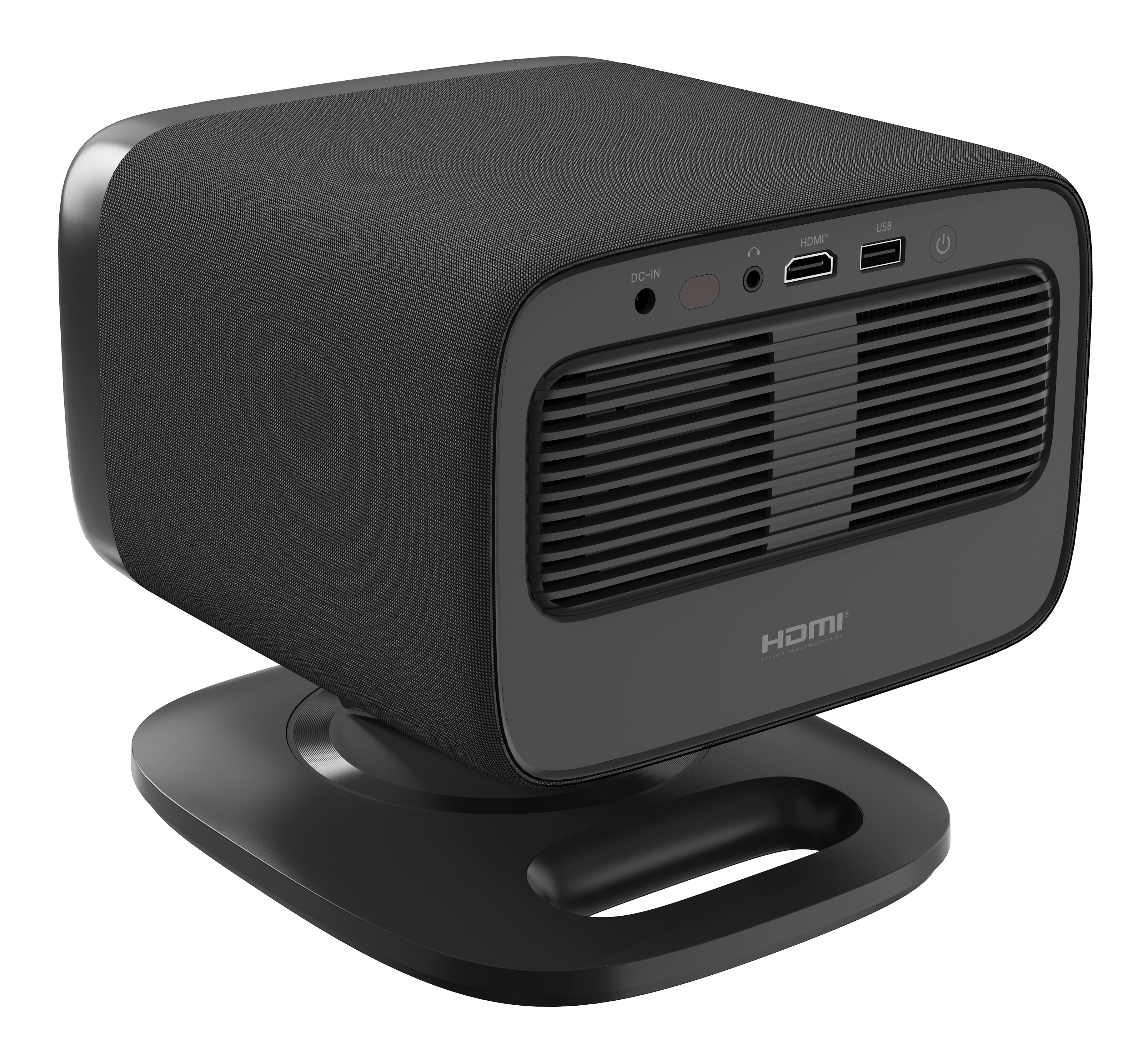 Czarny projektor na stojaku, z obudową pokrytą tkaniną, otworem wentylacyjnym i różnymi portami wejściowymi.