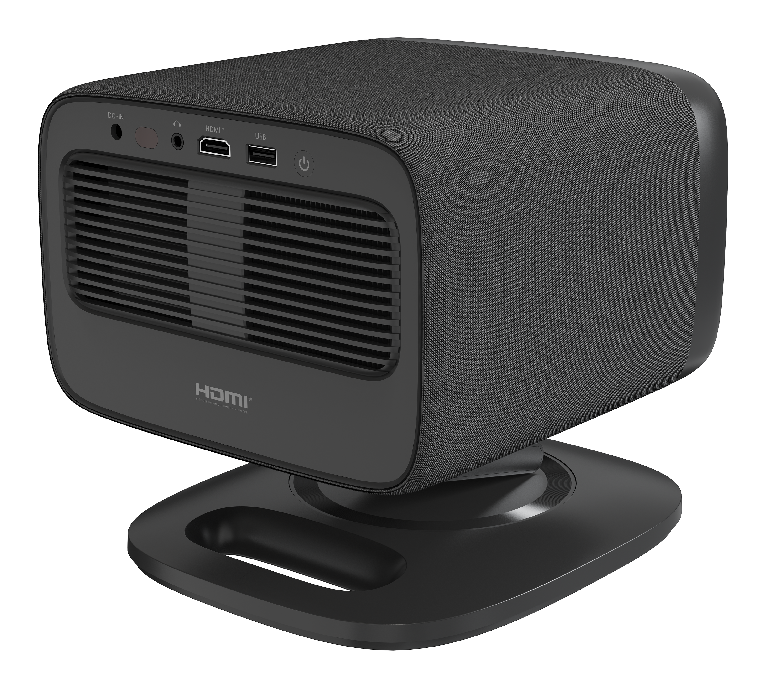 Czarny projektor o fakturze przypominającej tkaninę, zamontowany na czarnej podstawie. Posiada wiele portów i przycisk zasilania.