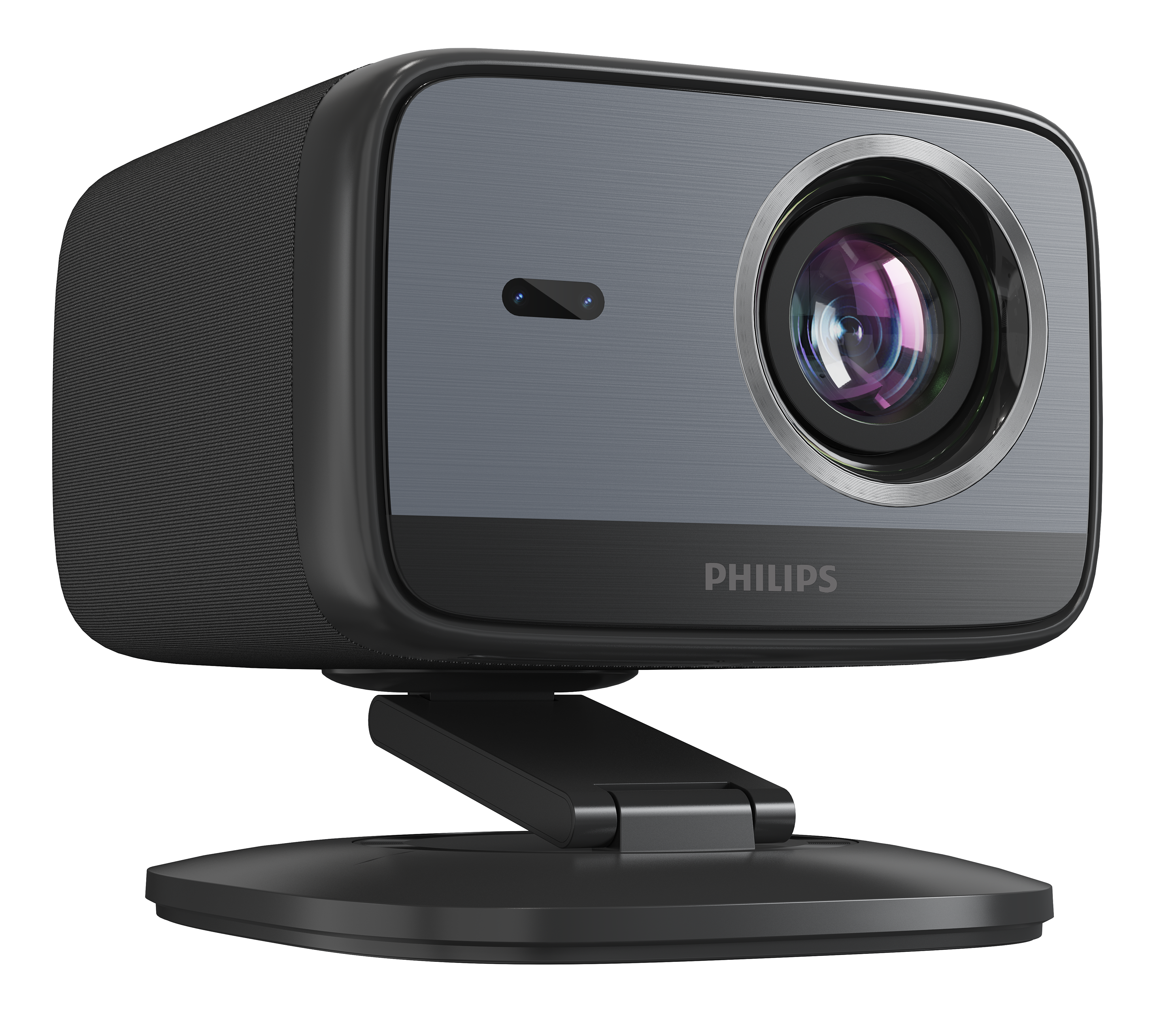 Czarna kamera internetowa Philips na stojaku. Obiektyw jest widoczny. Tło jest czarne.