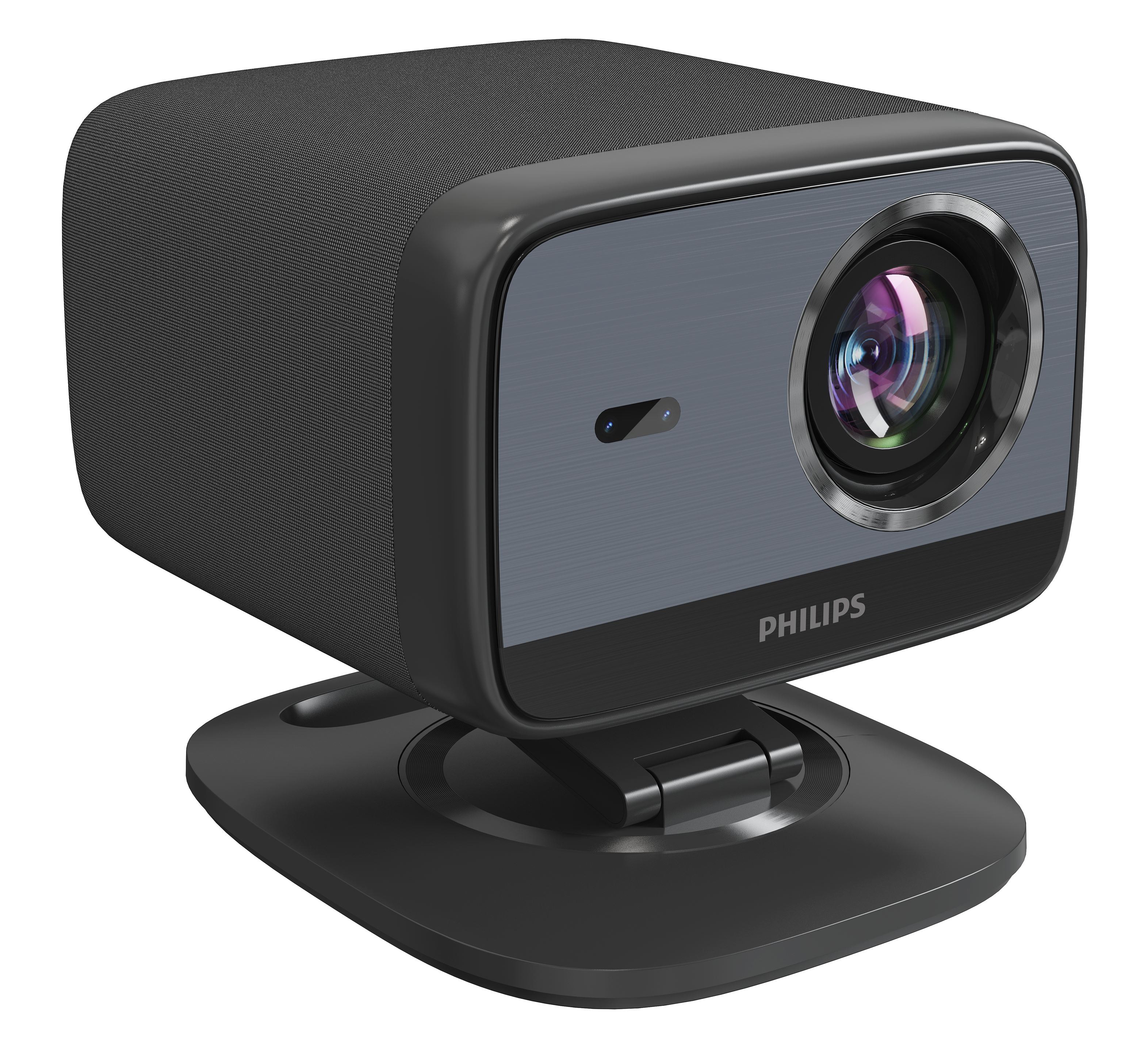 Czarny projektor Philips na czarnej podstawie. Projektor ma szary przód z obiektywem i logo Philips.