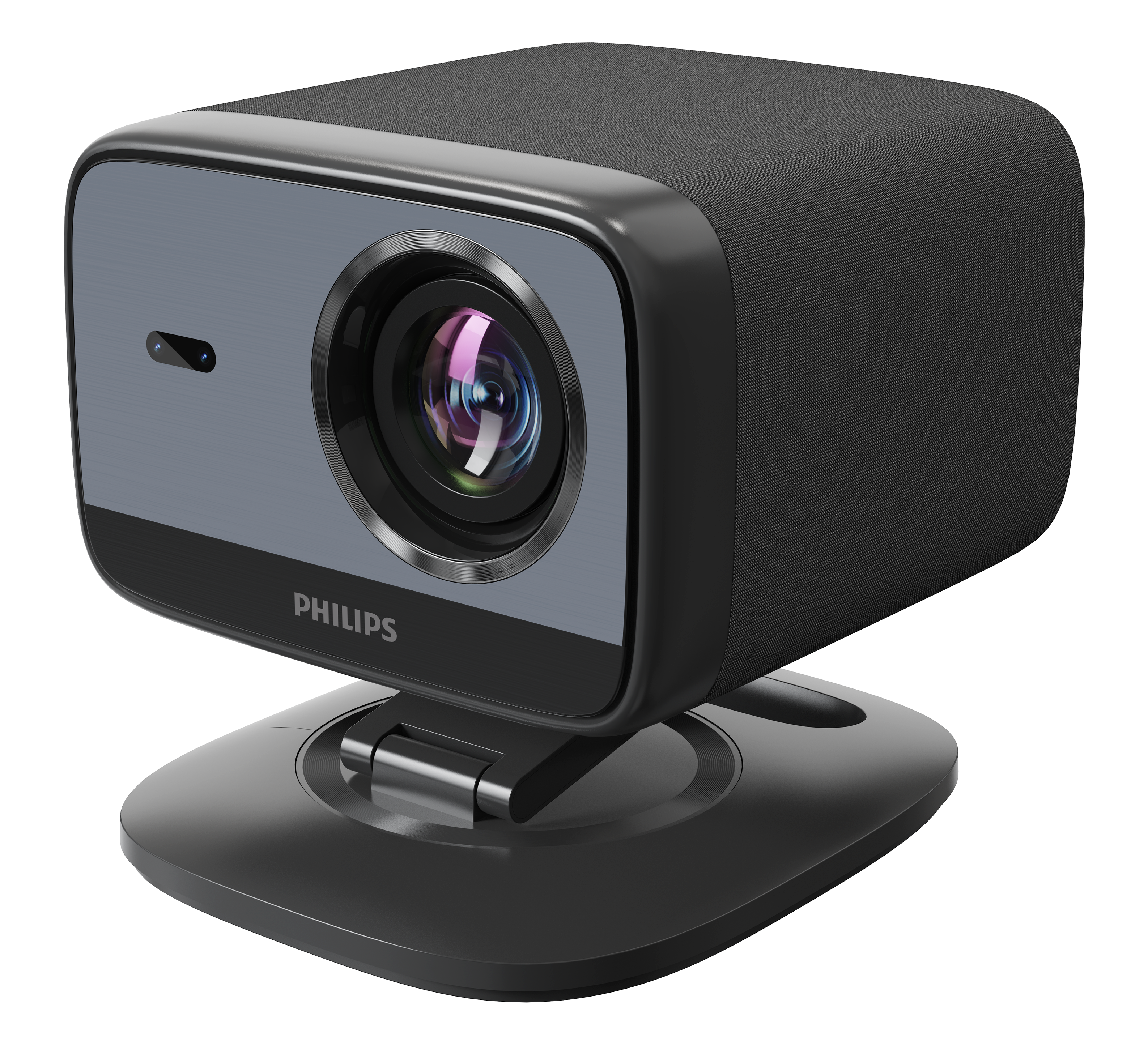Czarna kamera internetowa Philips z szarym przodem, obiektywem i czarną podstawką. Tło jest czarne.