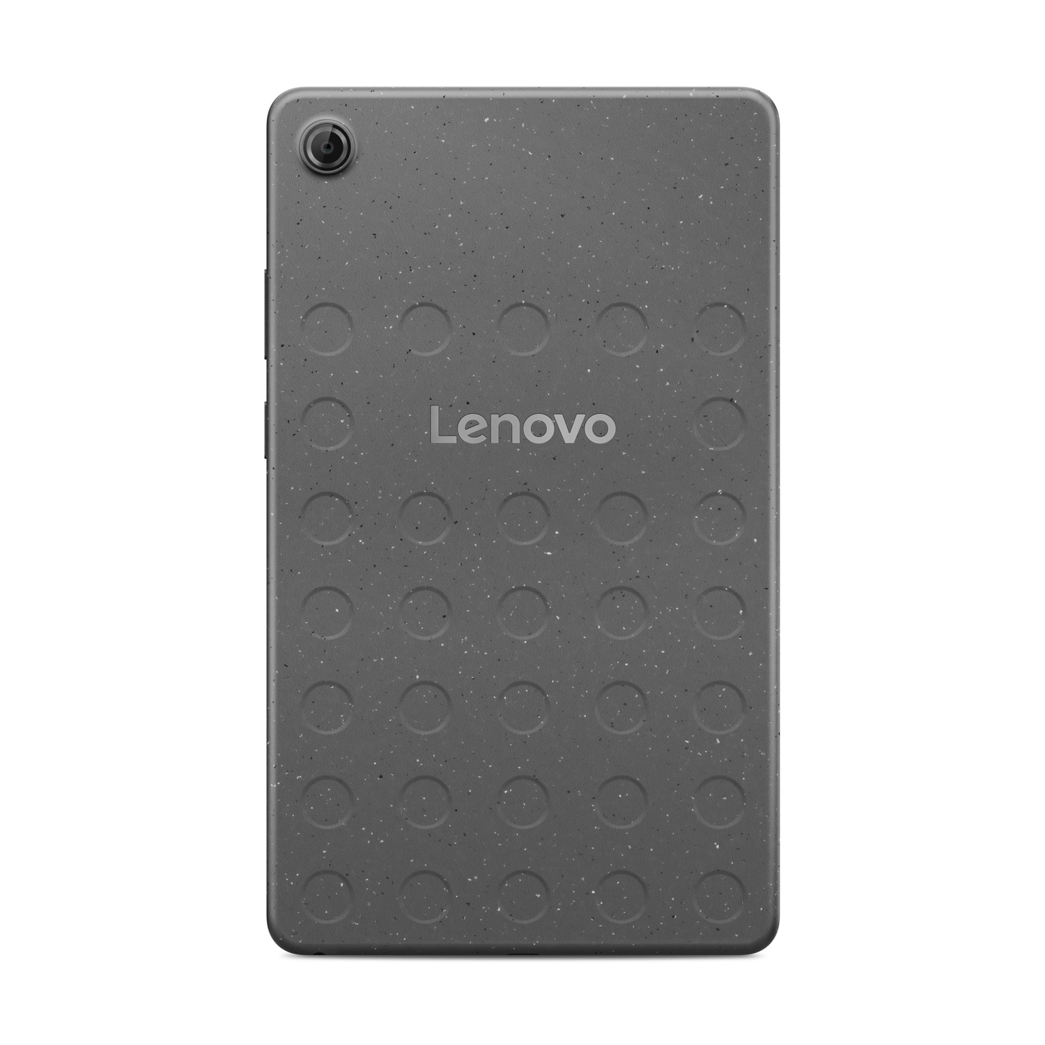 Retro tablet Lenovo grigio scuro con fotocamera, motivi circolari e logo Lenovo. La superficie ha delle macchie.