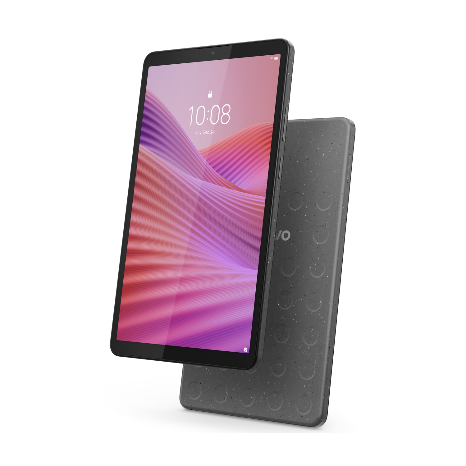 Un tablet nero mostra uno sfondo ondulato rosa e viola. Dietro c'è una custodia grigia. Lo schermo mostra l'ora e la data.