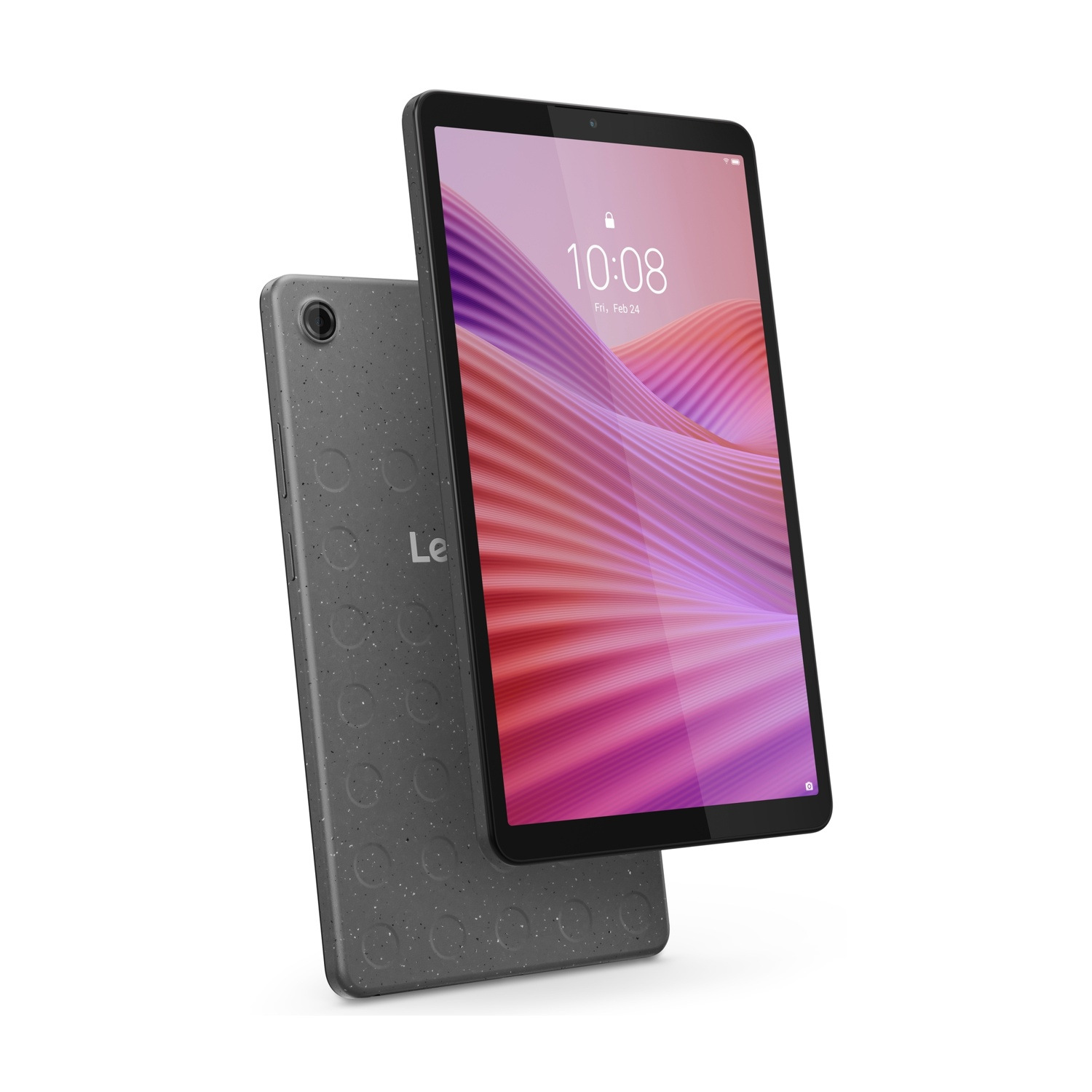 Due tablet Lenovo su bianco. Uno mostra l'ora e onde, l'altro ha cerchi sul retro. Lo sfondo è bianco.