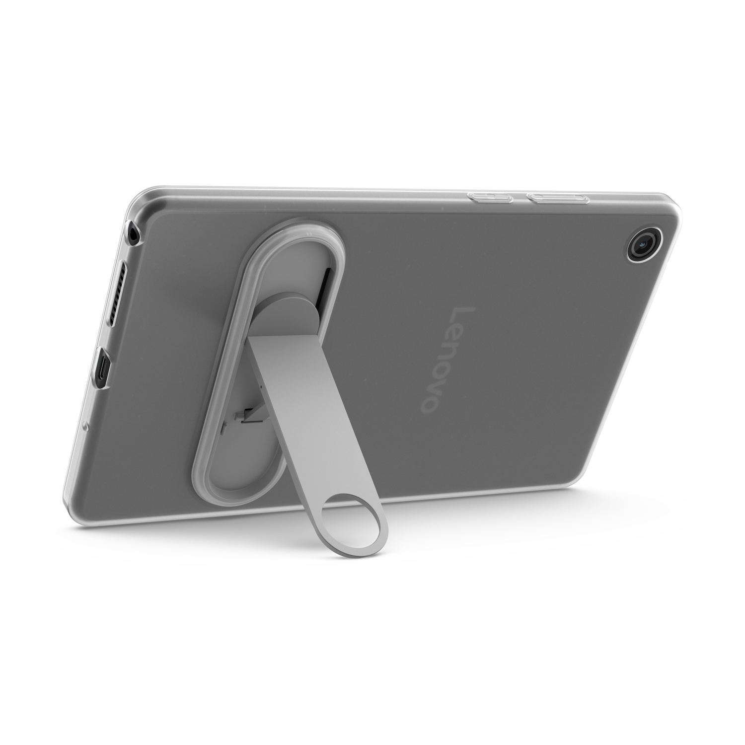 Un tablet Lenovo grigio con custodia trasparente e cavalletto argentato, su sfondo bianco.