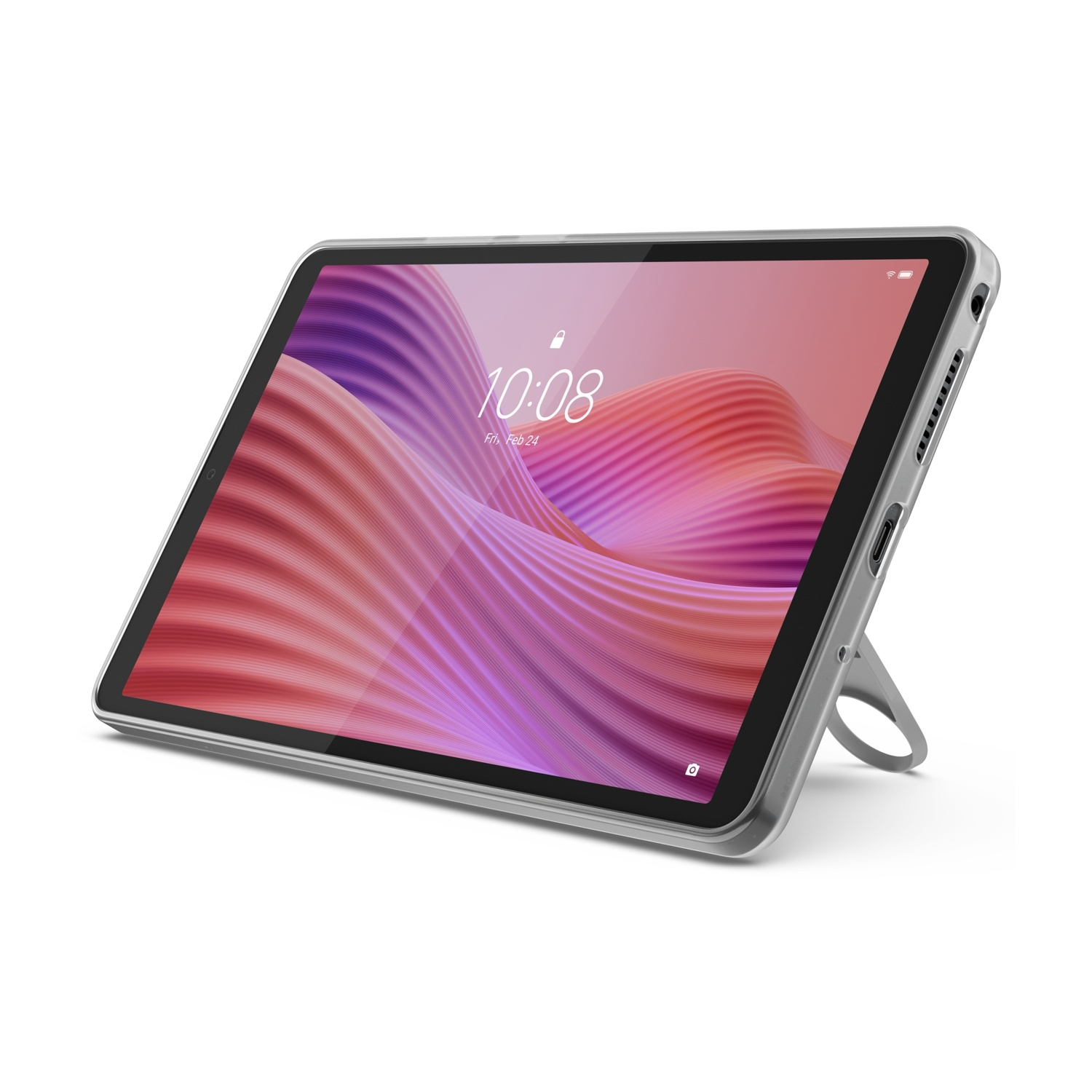 Un tablet con custodia grigia, che mostra uno sfondo di onde rosa e viola sullo schermo. È sostenuto da un supporto.