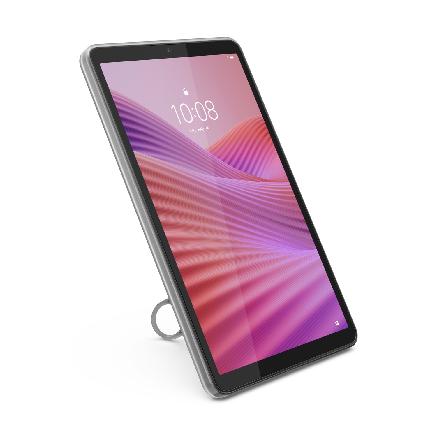 Un tablet con sfondo a onde rosa e viola. L'ora 10:08 e ven, 24 feb sono sullo schermo.