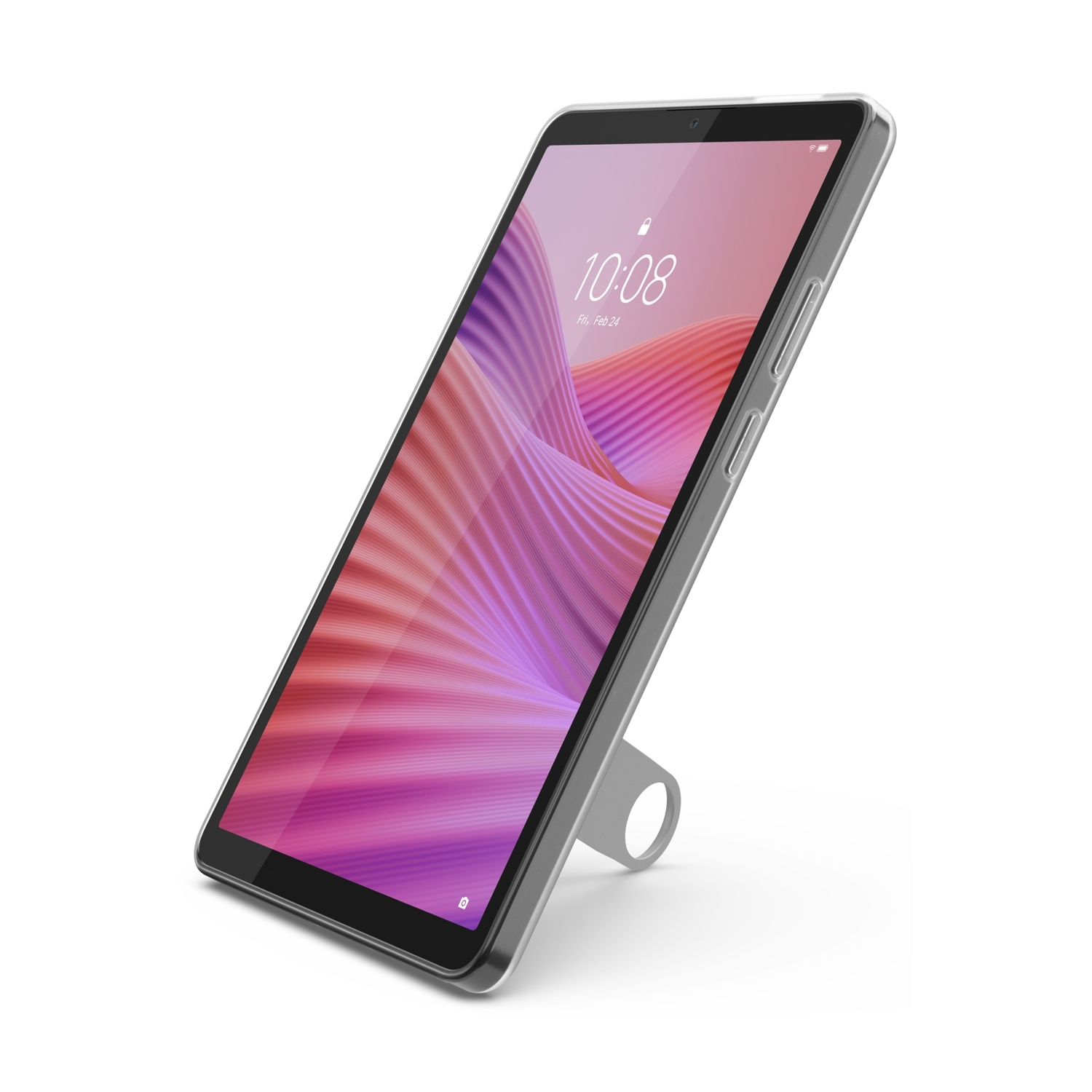 Un tablet è appoggiato ad angolo. Lo schermo mostra una schermata di blocco con uno sfondo rosa e viola ondulato.