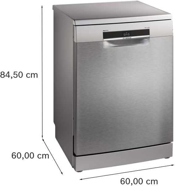Boyutları etiketlenmiş paslanmaz çelik bir bulaşık makinesi. Dijital bir ekrana ve Bosch logosuna sahip. Boyutlar: 84,50 cm yüksekliğinde, 60,00 cm genişliğinde.