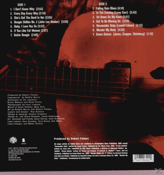 Albumcover mit Gitarre und Titelliste. Seite 1 und 2 Titel sind sichtbar. Produziert von Robert Palmer ist ebenfalls abgebildet.