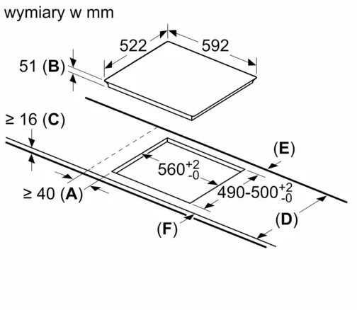 Schemat płyty grzewczej z wymiarami w mm. Pokazuje widok z góry i wymiary wycięcia. Zawiera pomiary głębokości i szerokości.
