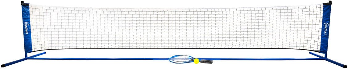 Zestaw do siatkówki badmintona. Niebieska rama podtrzymuje białą siatkę. Żółty lotka i niebieska rakieta leżą na ziemi.