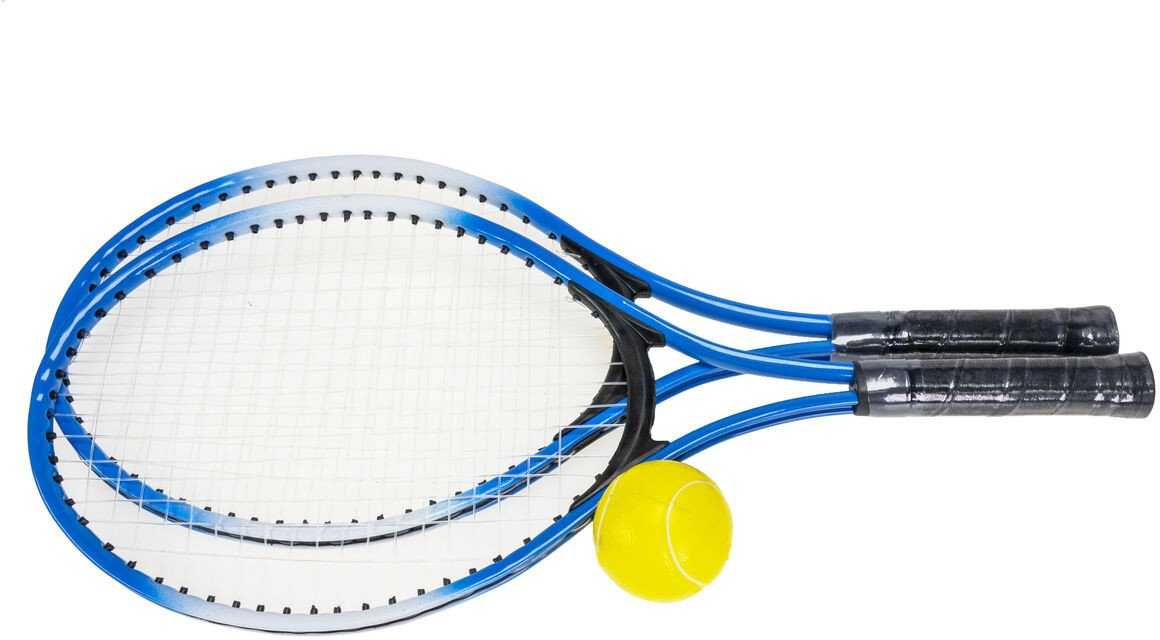 Dwie niebiesko-białe rakiety tenisowe z czarnymi uchwytami i żółta piłka tenisowa na białym tle.