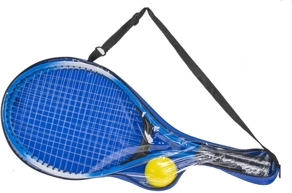 Niebieska rakieta tenisowa w przezroczystym etui z żółtą piłką tenisową. Czarny pasek jest dołączony do przenoszenia.