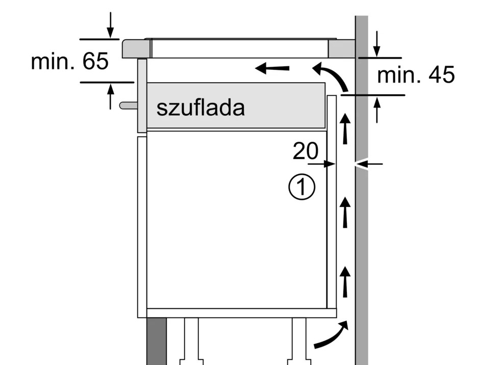 Schemat szafki z szufladą. Wymiary są wskazane. Widoczne jest słowo "szuflada". Strzałki wskazują kierunki.